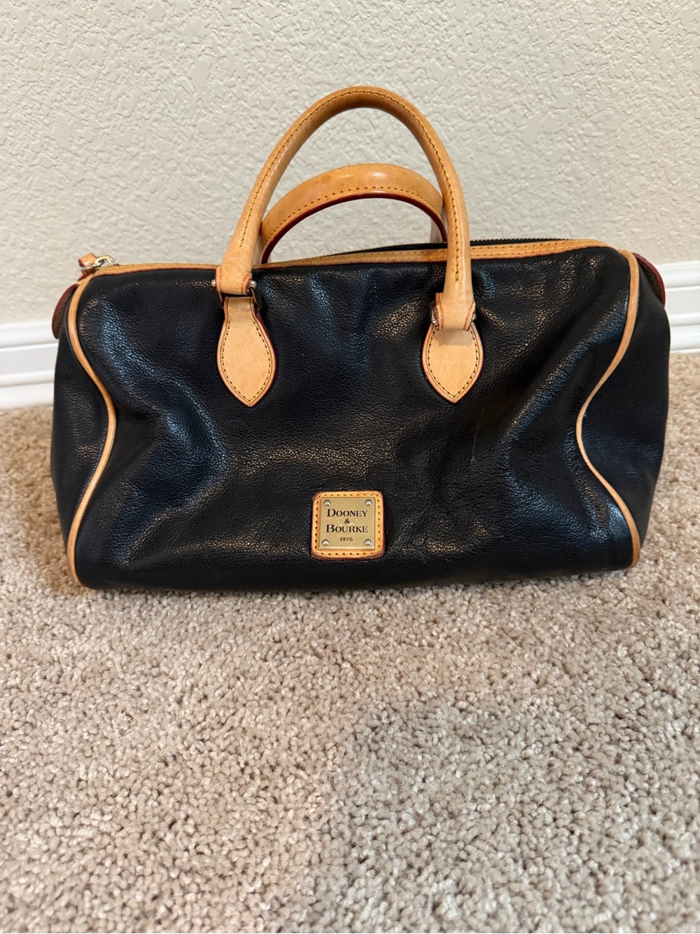 Dooney & Bourke Black Leather Mini Satchel with Tan Trim and Handles